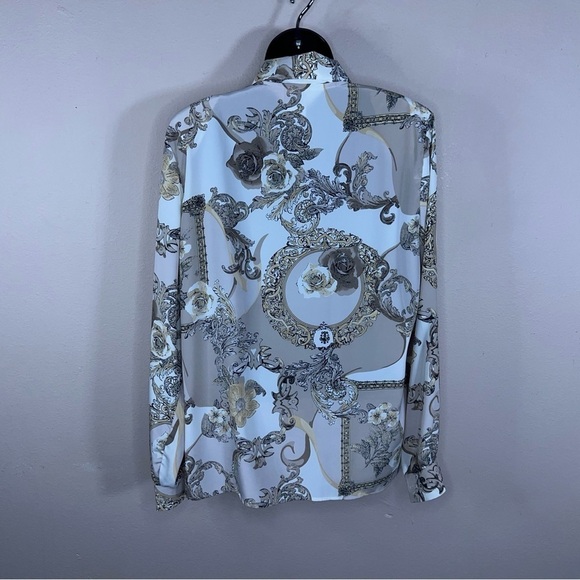 SIZE 12 VINTAGE CRICKET LANE LONG SLEEVE BLOUSE BEIGE JACQUARD FLORAL FILIGREE - Picture 5 of 9